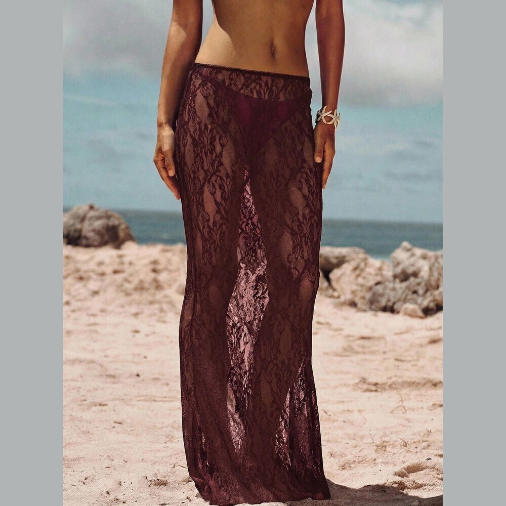 Burgundy Sheer Lace Maxi Coverup Skirt